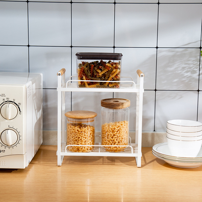 comprare Organizzatore di cucina 2 livelli multifunzionale organizzatore di cucina compatto scaffale di spezie manico di legno scaffale di archiviazione di cucina di metallo fabbricazione online