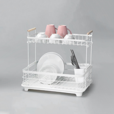 comprare Rack per l'essiccazione dei piatti a due livelli rimovibile con maniglia di legno separata per posate fabbricazione online