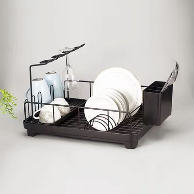 comprare Rack per l'essiccazione dei piatti da cucina a metallo nero a prova di ruggine con portavetri per vino fabbricazione online