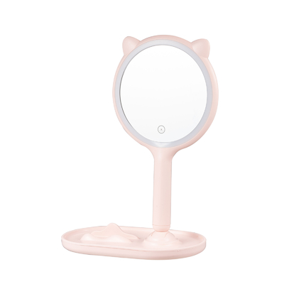 comprare Specchio di trucco a luce led di plastica compatta con orecchie di animali e vassoio per gioielli fabbricazione online