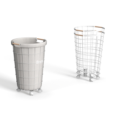 Carrello di lavanderia rotondo in ferro metallico con ruote e maniglia di bambù grande capacità