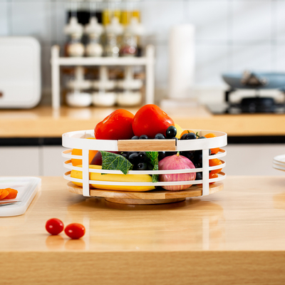 Organizzatore di cucina moderno 360 rotabile Bianco Organizzatore di tavolo per la casa in metallo Maniglia di legno Corsa di stoccaggio in filo di ferro