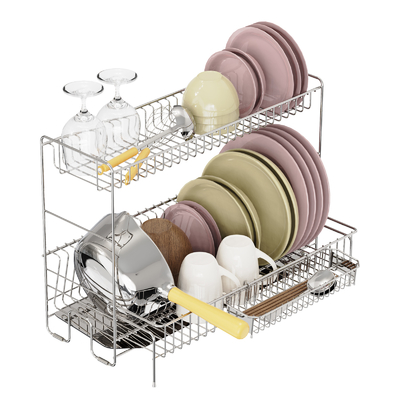 Rack piatti in argento pieghevole con design compatto e risparmio di spazio