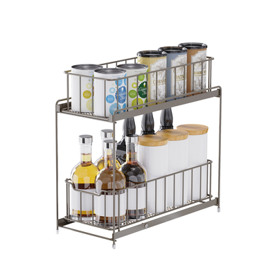 2 livelli di filo di ferro cucina scaffale di archiviazione sotto organizzatore lavandino Cesto di archiviazione scorrevole